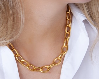 18K Gold Large Link Necklace , Toggle Chain Necklace, Large Cable Chain Necklace