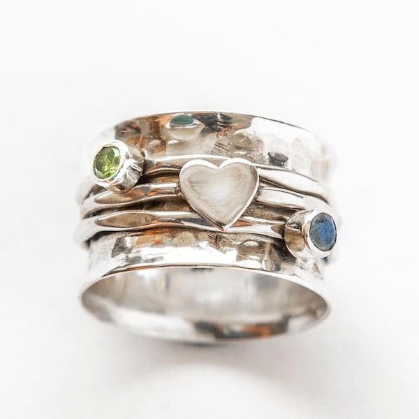 Silver Spinner ring, Heart Spinner Ring, Semi-Precious Stone Ring, Moonstone Fiddle Ring, Peridot Ring
