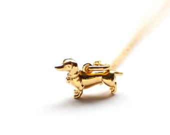 Gold Sausage Dog Necklace, Sterling Silver Dachshund Necklace, Doxie pendant