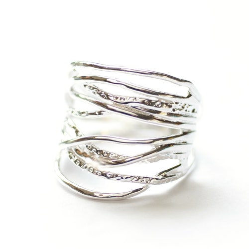 Hammered Silver Ring Large Ribbon Ring Statement Ring Etsy