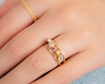 Pearl and Amethyst Gold Ring, Semi-Precious Stone Ring, Engagement Ring, Gold Statement Ring, Special Occasion
