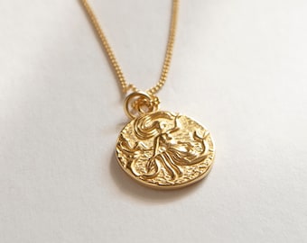 Gold Coin Necklace, Layer Gold Link Chain Necklace, Mermaid Medallion Pendant, Long Gold Necklace for Women