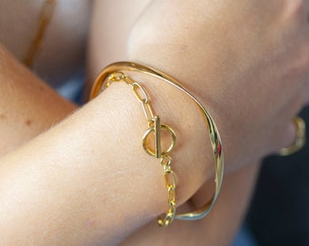 Gold Papierklammer Armband, Großes Knebelarmband, Layering Armband, Lange Gliederkette Armband