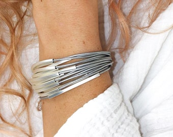 Silver Multi Strand Bracelet, Leather and Silver Wrap, Wrap Bracelet with Metallic clasp