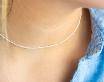 Silver satellite Necklace, 16" Silver Bobble necklace, Silver Choker Necklace, Bead Necklace