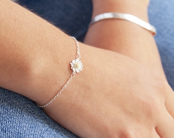 Silver Daisy Bracelet, Dainty Silver Bracelet, Sterling Silver Flower Bracelet