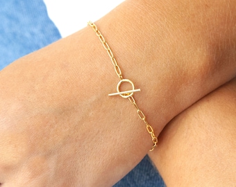 Gold Toggle Bracelet, Mini Paperclip Bracelet, Gold long Link Bracelet