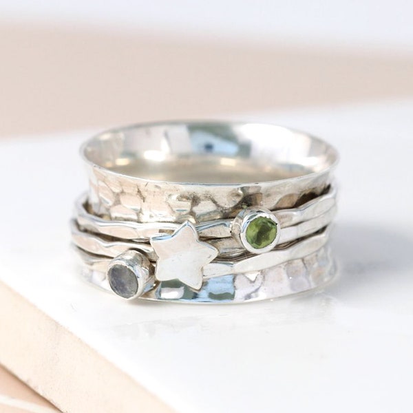 Silver Star Spinner Ring, Rainbow Moonstone, Gemstone Spinner Ring, Fiddle Ring, Statement Ring