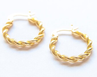 Gold Twisted Hoop Earrings, 18k Gold Plated Hoops Braid Earring, Twist Hoop Earrings Chunky Earrings Spiral Earrings