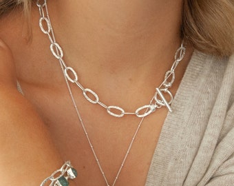 Silver Large Link Necklace , Toggle Chain Necklace, Hammered, Large Cable Chain Necklace