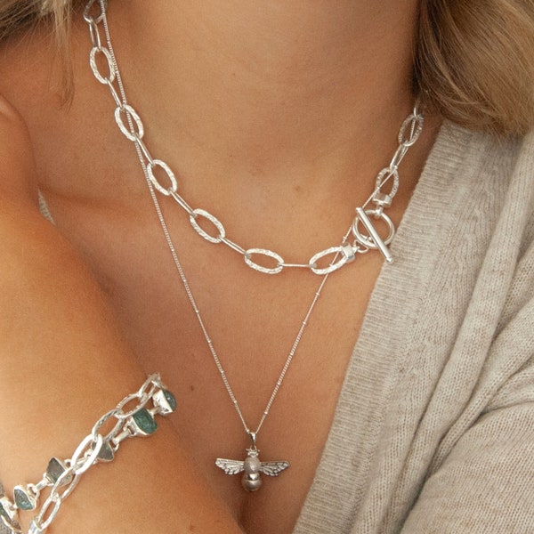 Silver Large Link Necklace , Toggle Chain Necklace, Hammered, Large Cable Chain Necklace