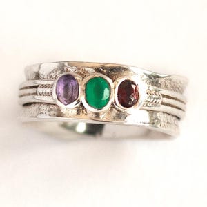 Sterling Silver Spinner Ring, Amethyst and Emerald Gem Infinity Ring, Gift For Her