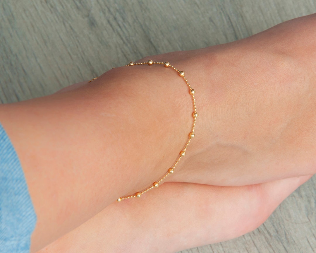 Gold Bead Anklet, Satellite Ankle Bracelet, Delicate and Dainty Gold