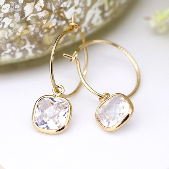 Gold Crystal Drop Earrings Huggie Hoop Drop Earring Gold Dangle