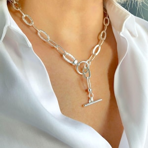 Große Gliederkette aus Silber, 19-Zoll-Toggle-Kettenhalskette, gehämmert, große Kabelkettenhalskette