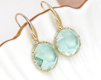 Green Crystal Drop Earrings - Large Aqua Drop Earrings - Gold Dangle earrings - Evening Statement Earrings