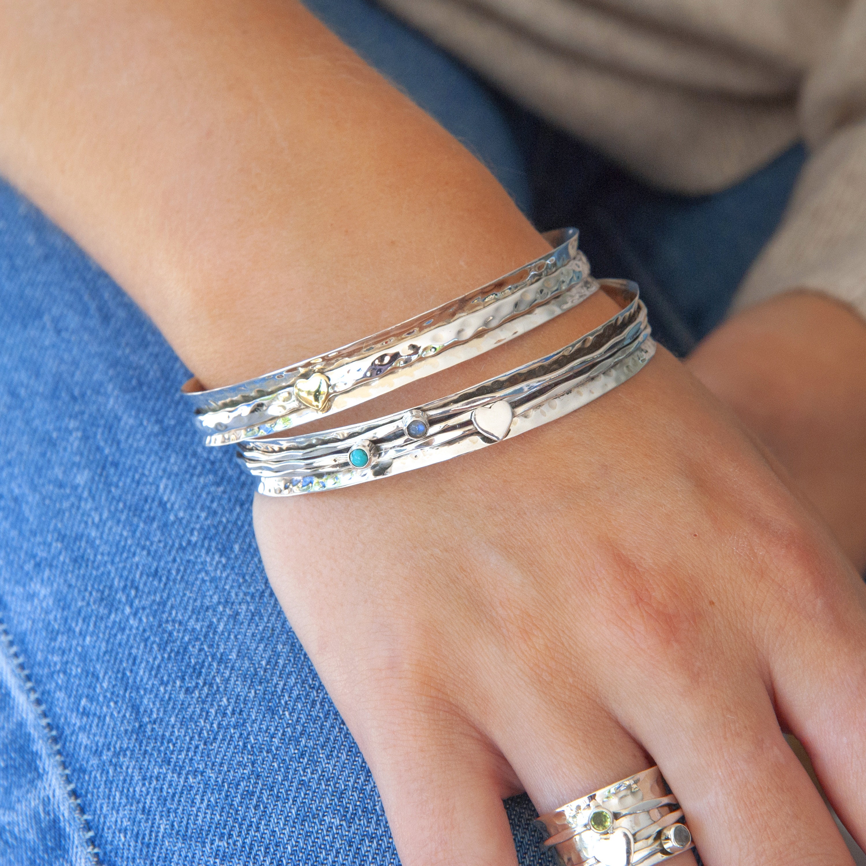 Spinner Bangle Heart Spinner Bracelet Hammered Silver Etsy UK