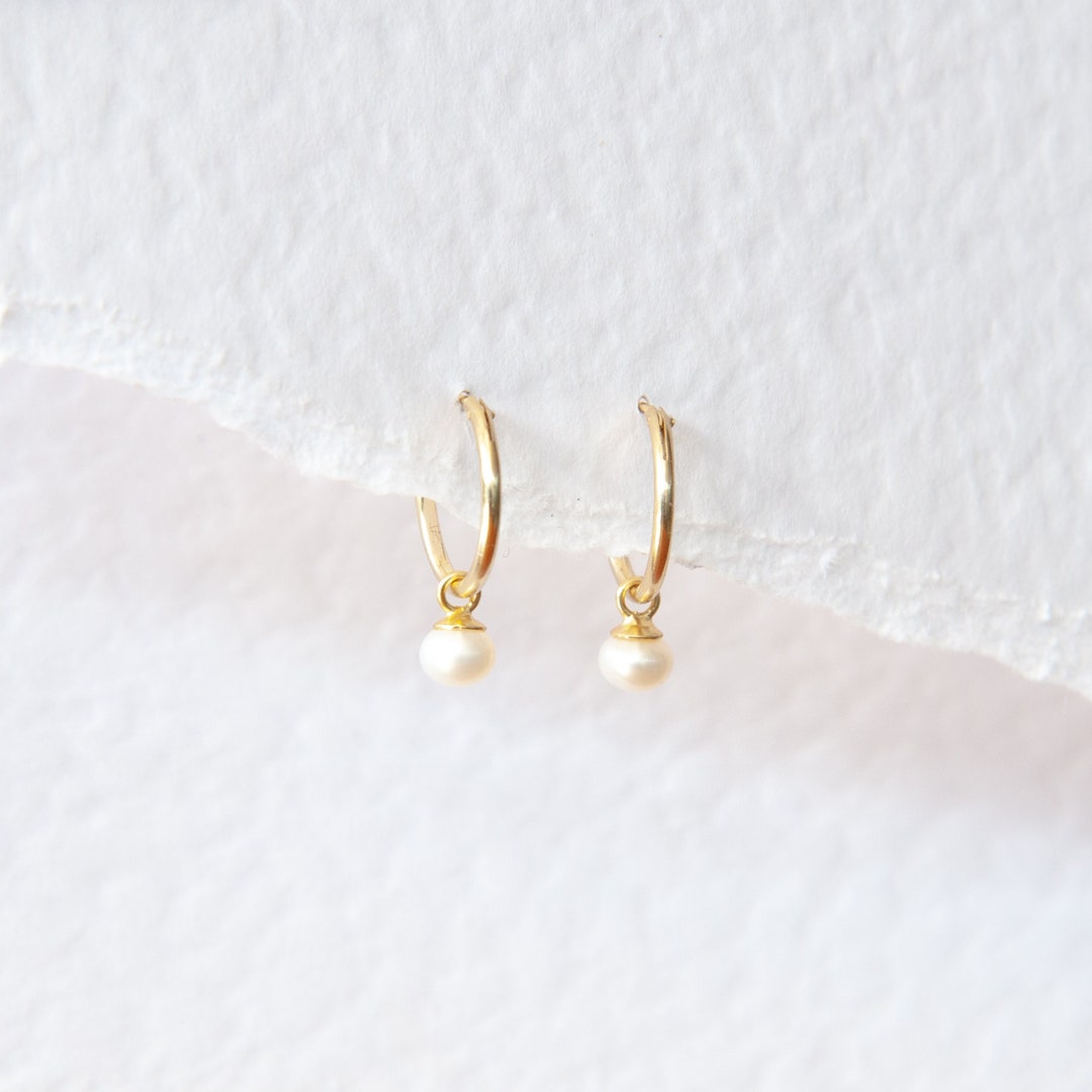 Gold Huggie Hoops, Pearl Drop Mini Hoops, Small Gold Hoops, Pearl