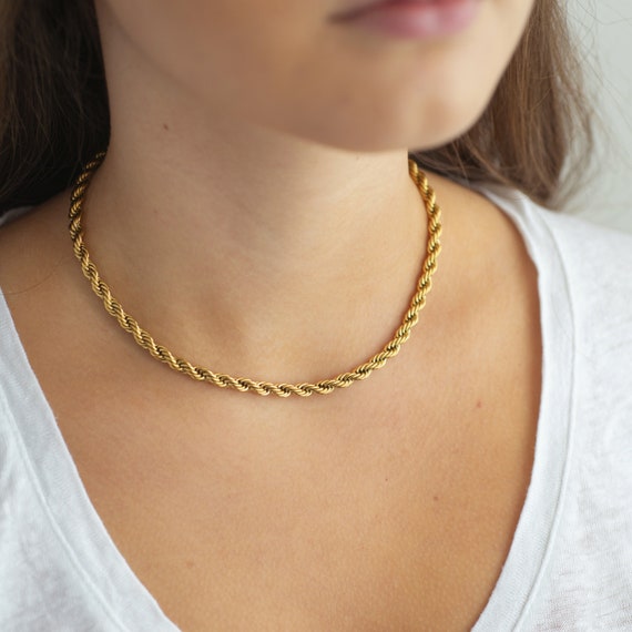 Gold Rope Chain Necklace, French Twisted Chain, Chunky Heavy Rope