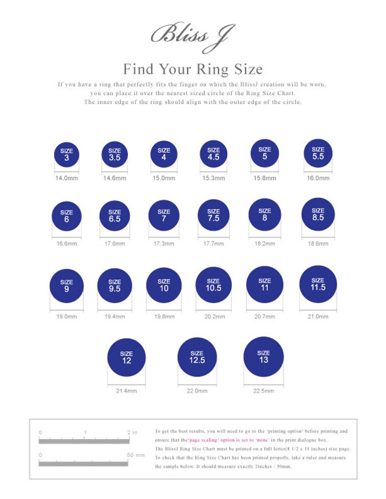 May include: A ring size chart with blue circles representing different ring sizes. The chart includes measurements in millimeters for each size. The text "Bliss J" is at the top of the chart.