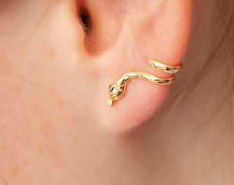 Snake Climber, Serpent Earrings, Snake crawler, Gold Ear Jacket, Emerald crystal