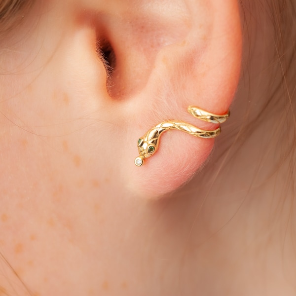 Serpent grimpeur, boucles d'oreilles serpent, serpent sur chenilles, veste d'oreille dorée, cristal émeraude