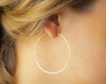 Thin Gold Hoop Earrings, Lightweight, Gold Fill Hoop Earrings 2" large Hammered gold hoops, gold earrings, minimalist earrings
