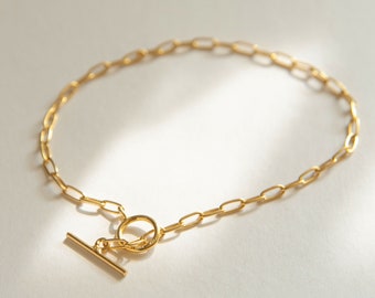 Gold Toggle Bracelet, Mini Paperclip Bracelet, Gold long Link Bracelet