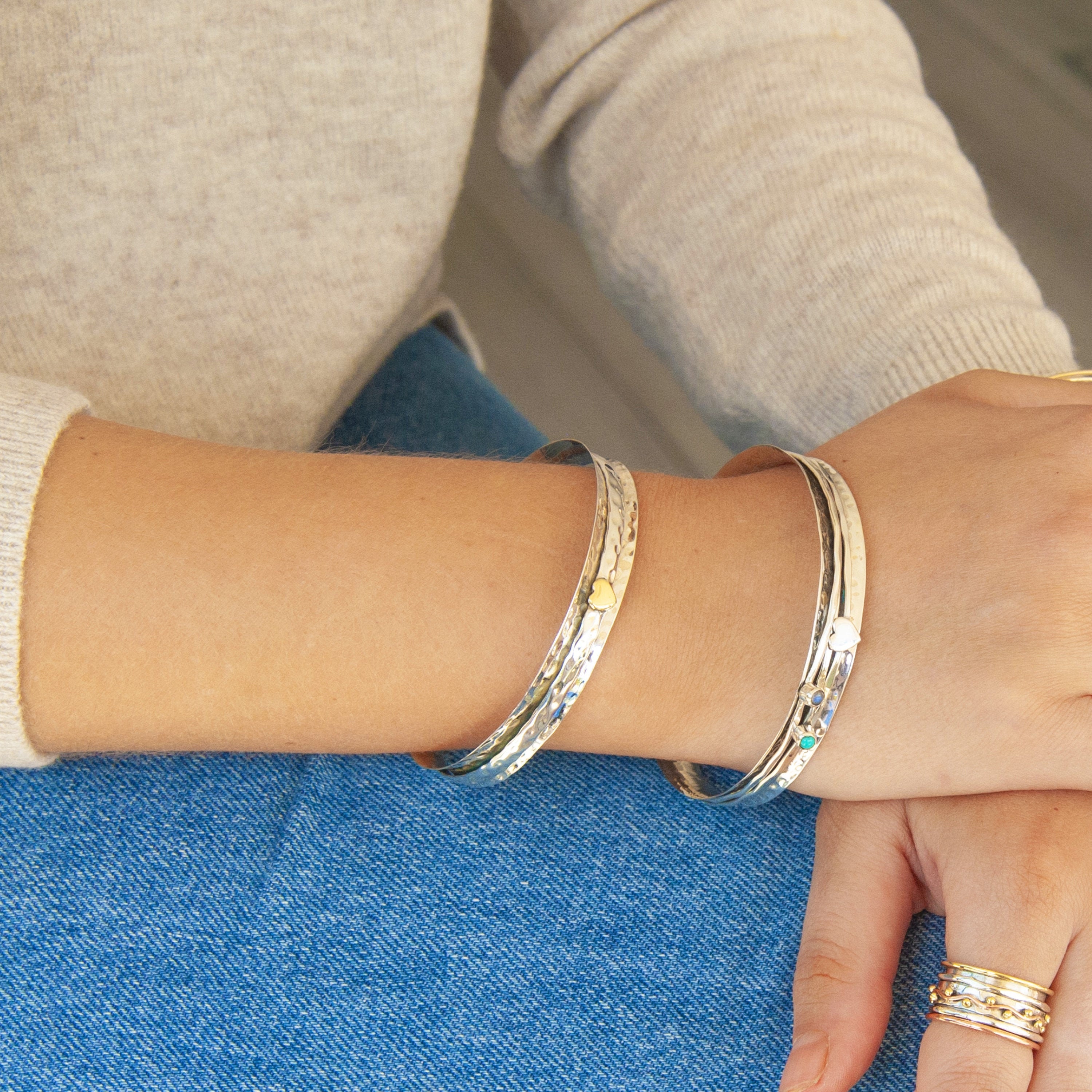 Spinner Bangle Heart Spinner Bracelet Hammered Silver Etsy