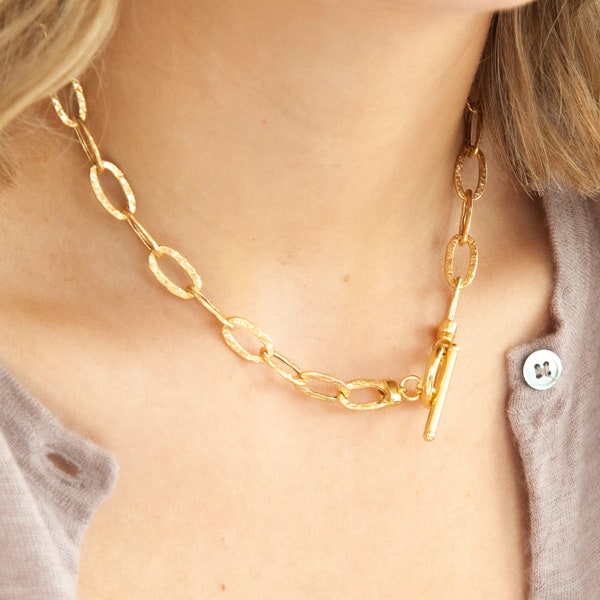 18K Gold Large Link Necklace , Toggle Chain Necklace, Large Cable Chain Necklace