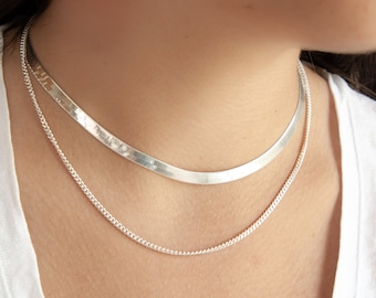 Silver Herringbone Necklace, Snake Chain Necklace, Silver Layering Necklace