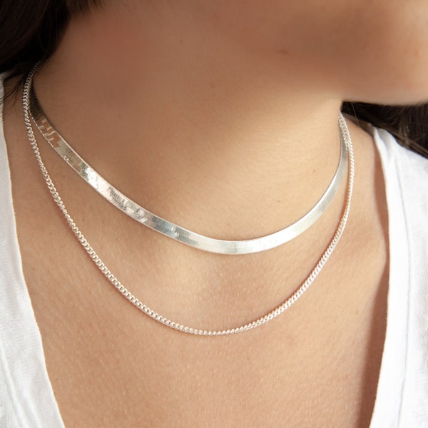 Silver Herringbone Necklace, Snake Chain Necklace, Silver Layering Necklace