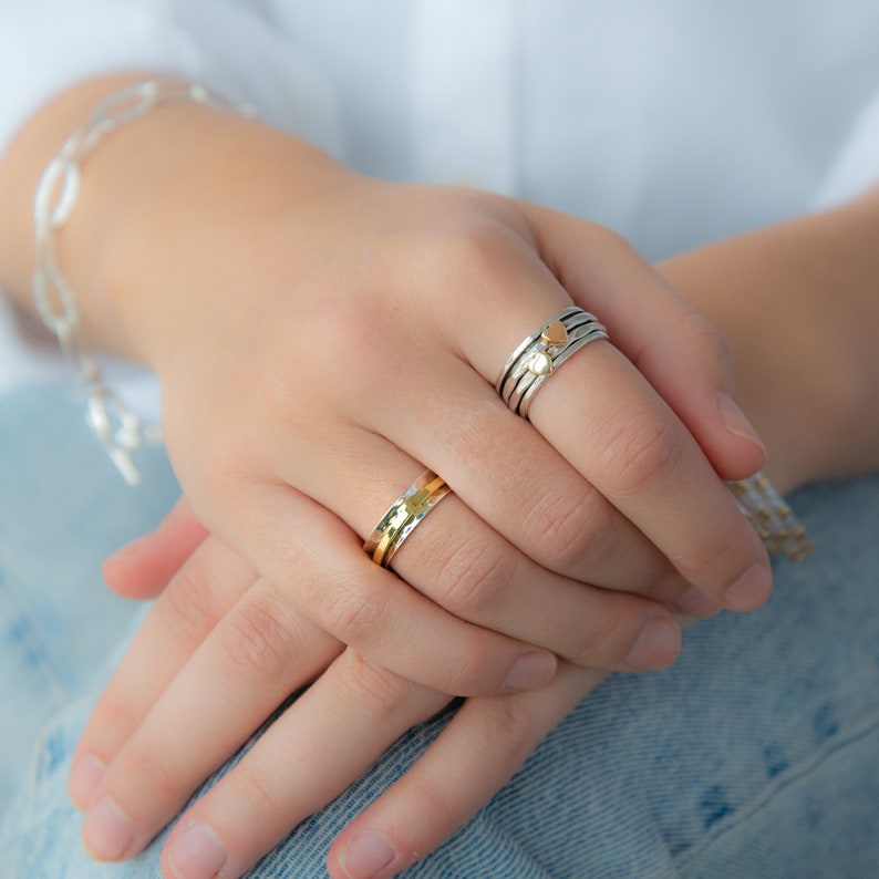 Silver Hammered Spinner ring, Infinity Ring, Brass outer band, Fiddle Ring, Statement Ring image 5