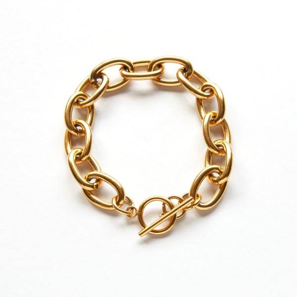 18K Gold Large Link Bracelet, Toggle Chain Bracelet, Large Cable Chain, Chunky Gold Bracelet