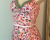 Soft Pink Floral Knit 2 Piece Retro Romper Vintage Style Romper Bra Cami and French Knickers Vintage Floral Sleepwear Multi-Size