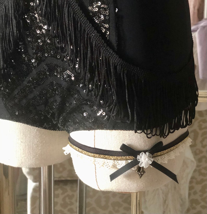 Beaded Chiffon Roses and Brass Charms Luxury Vintage Leg Garters and Neck Chokers Made with Gilded Black Elastic Crochet Lace Satin Bows