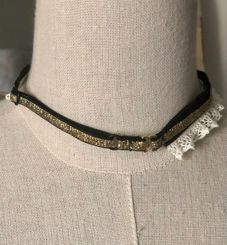 Beaded Chiffon Roses and Brass Charms Luxury Vintage Leg Garters and Neck Chokers Made with Gilded Black Elastic Crochet Lace Satin Bows