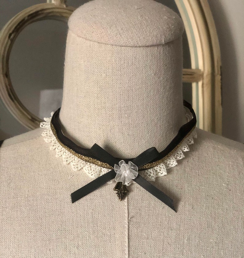 Beaded Chiffon Roses and Brass Charms Luxury Vintage Leg Garters and Neck Chokers Made with Gilded Black Elastic Crochet Lace Satin Bows