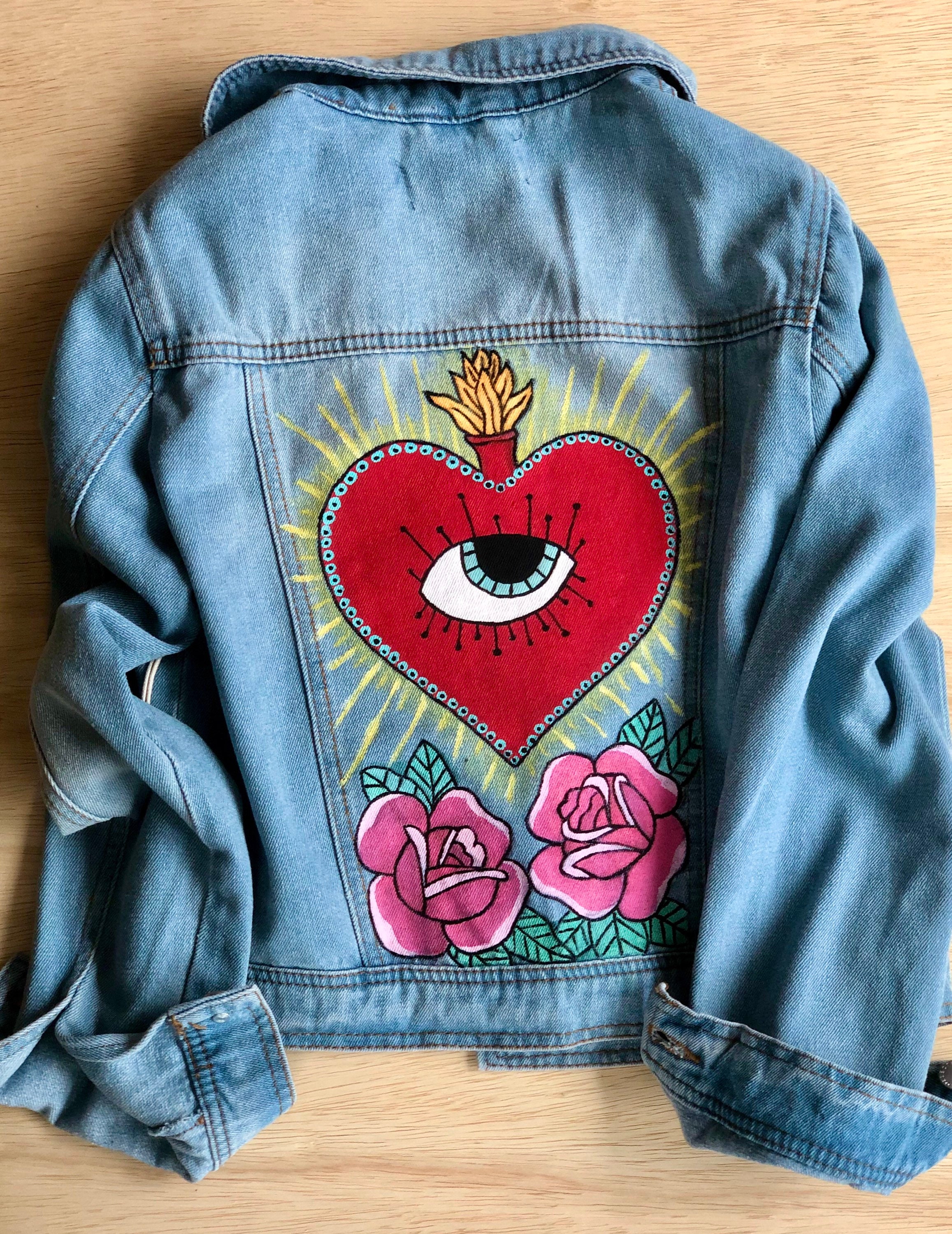Hand Painted Denim Jacket Sacred Heart Roses - Etsy
