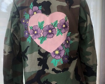 Hand painted heart and flowers camo army jacket