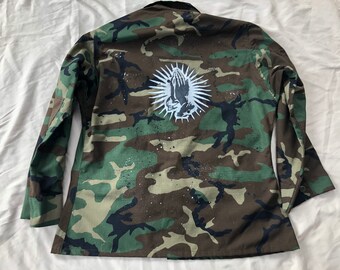 Army jacket, hand painted, paint splatter, praying hands