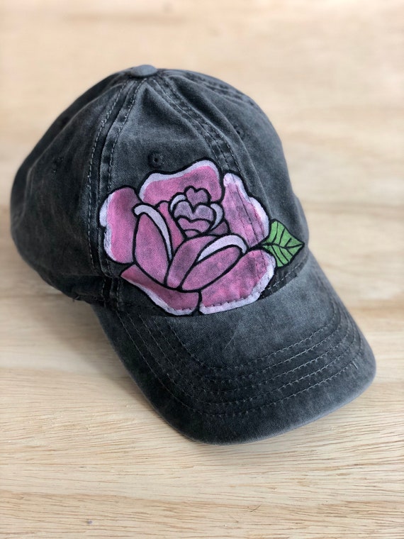 Hand Painted Rose Denim Hat, Tattoo Style, Gypsy - Etsy display picture 3
