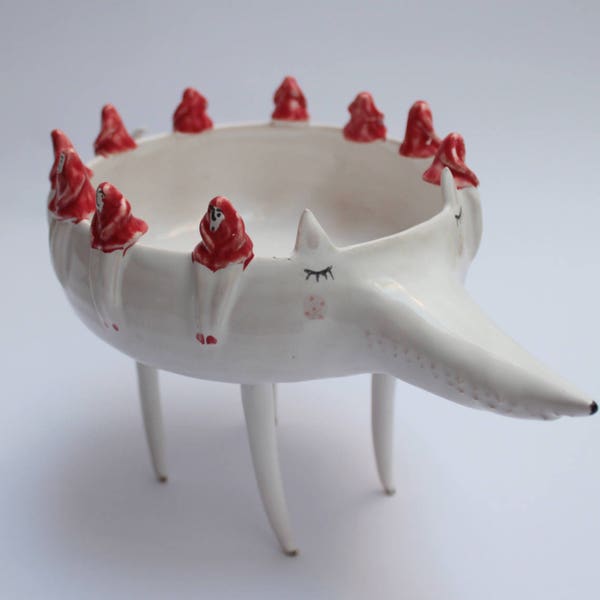 Peter the Wolf with  10 Little Red Riding Hood - ceramic bowl, planter