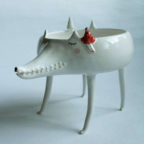 Peter the Wolf with Little Red Riding Hood - ceramic bowl, planter MADE TO ORDER