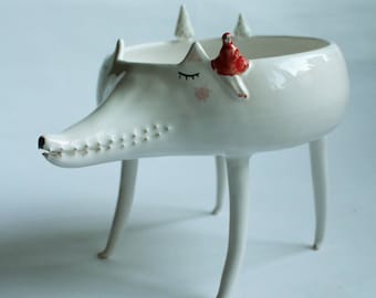 Peter the Wolf with Little Red Riding Hood - ceramic bowl, planter MADE TO ORDER