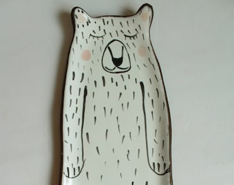 Handmade Ceramic Sleepy Bear Plate – Stoneware Bear Ring Dish / Trinket Tray