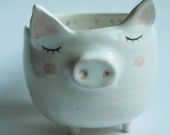 Aurelius the Pig – Handmade Ceramic Pig Bowl / Planter, Whimsical Forest Friend
