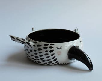 Handmade Sleepy Raven Ceramic Bowl – Illustrated Crow Bird Pottery Gift