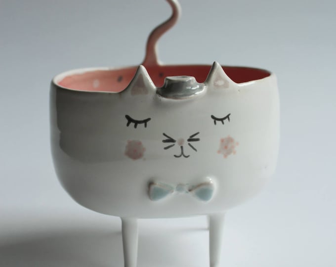 Featured listing image: Maurice the Cat – Handmade Ceramic Cat Bowl / Planter, Whimsical Feline Home Décor