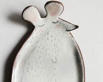 Sleepy mouse - cute handmade ceramic plate, ring dish, soap dish, spoon rest MADE TO ORDER